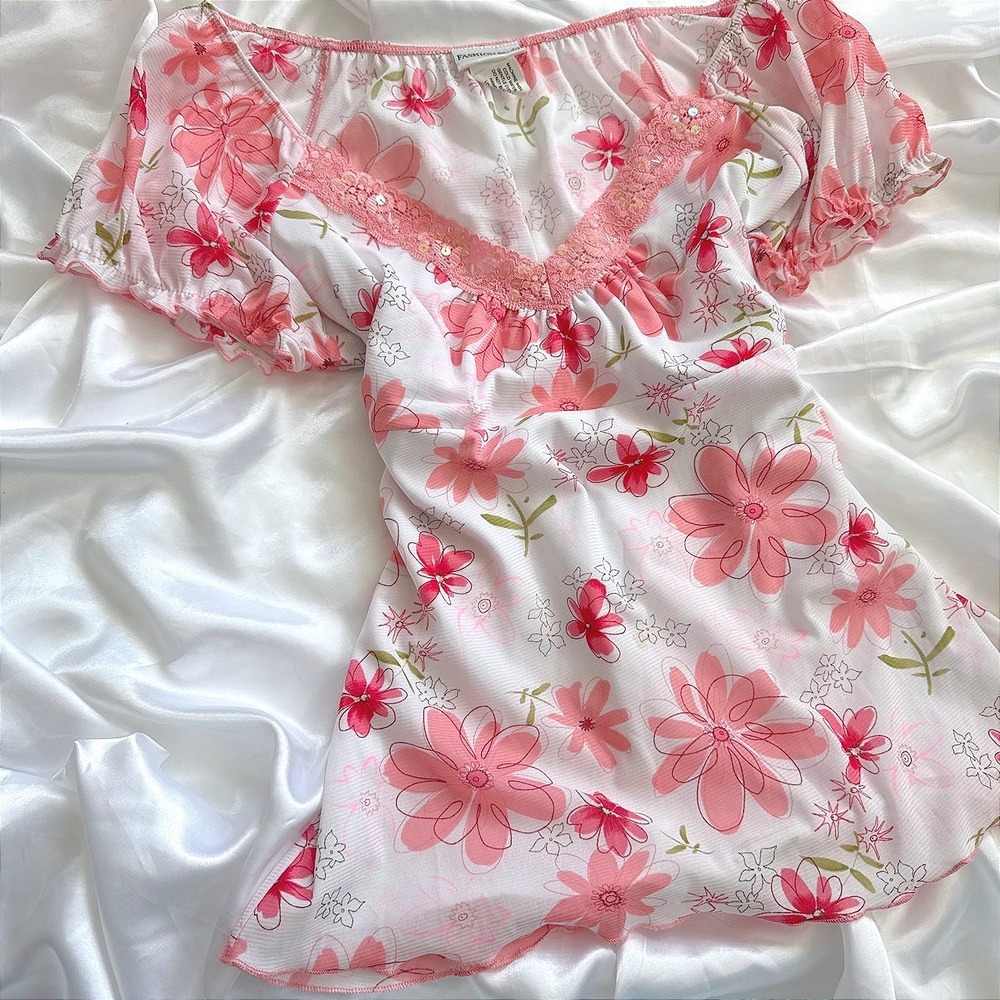Fashion Bug Pink Floral Lace Trim Sequin Babydoll Top Y2K Vintage Large
